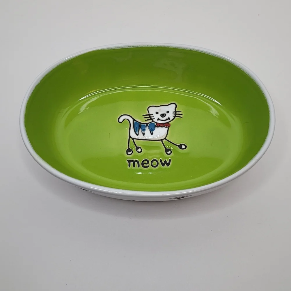 Green Oval Cat Bowl with Cartoon Cat Design and Paw Prints